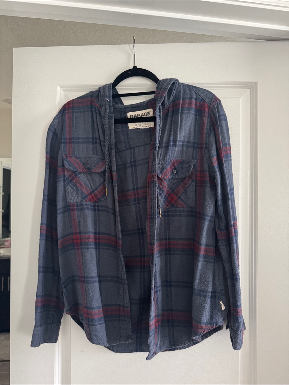Garage Women’s Hooded Plaid Button-Down Shirt - Blue & Red